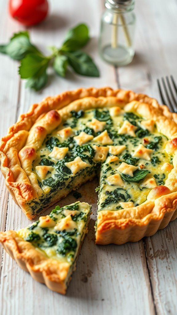 A golden-brown spinach and cheese quiche with a slice cut out, showcasing the green filling, on a wooden table.